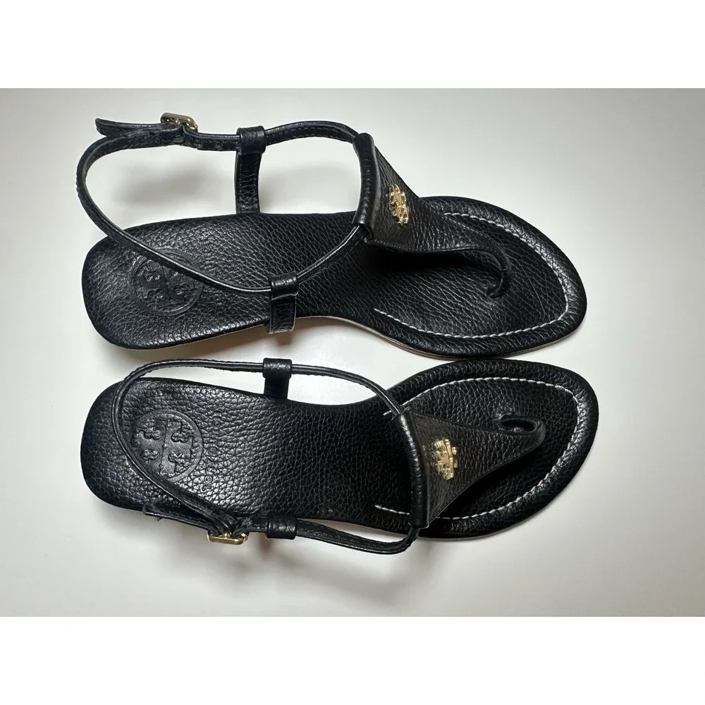Tory Burch SIZE 7.5 Britton Black Leather Thong Wedge Sandals Cork Heels Logo